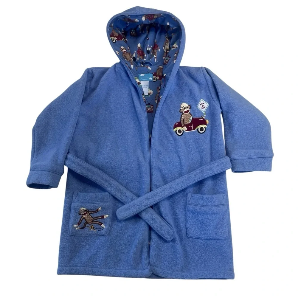 Nick & Nora Toddlers Sock Monkey Robe With Pockets Blue Size 4